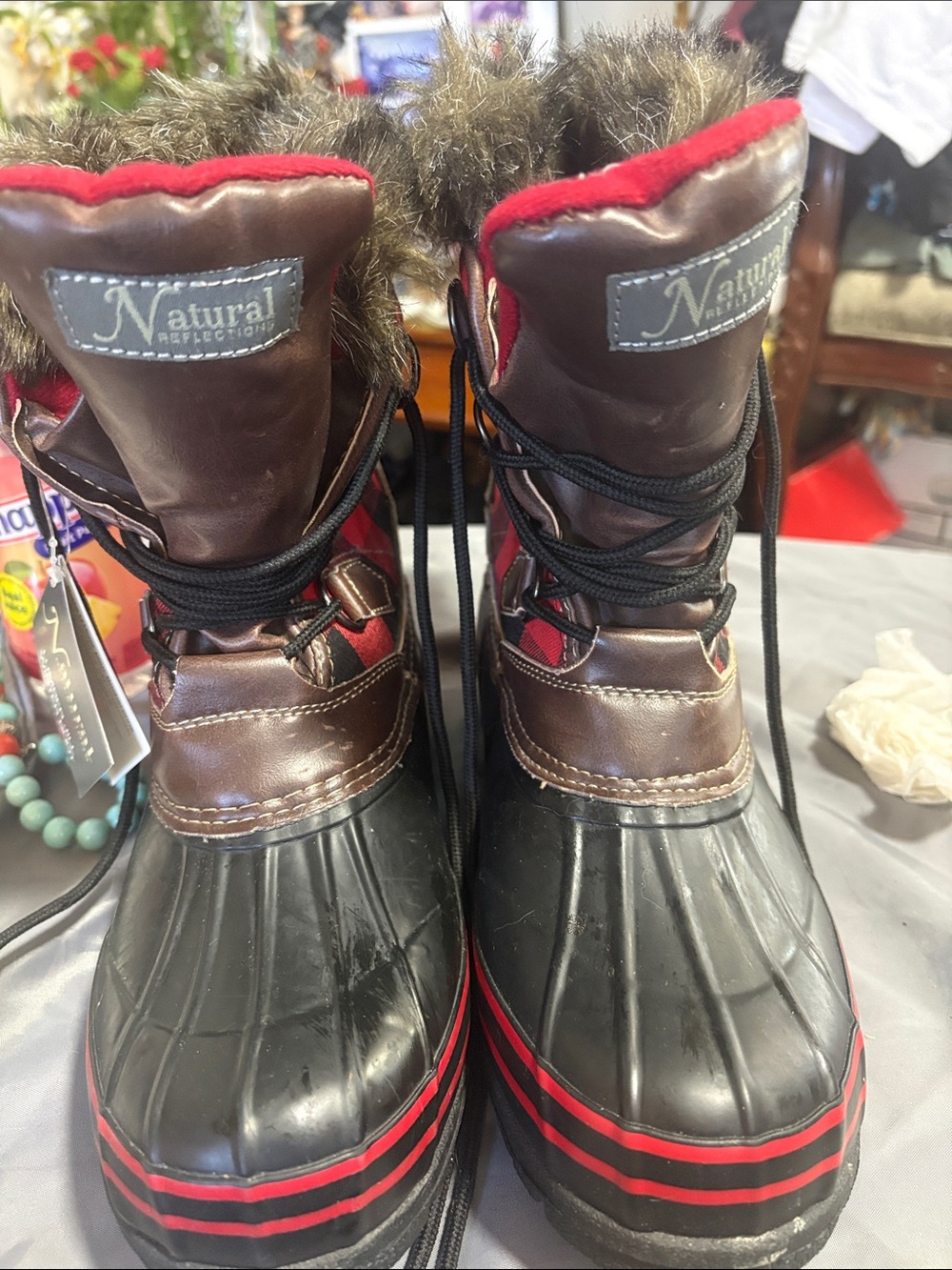 Natural Reflections Brown and Red Waterproof Lace-Up Snow Boots